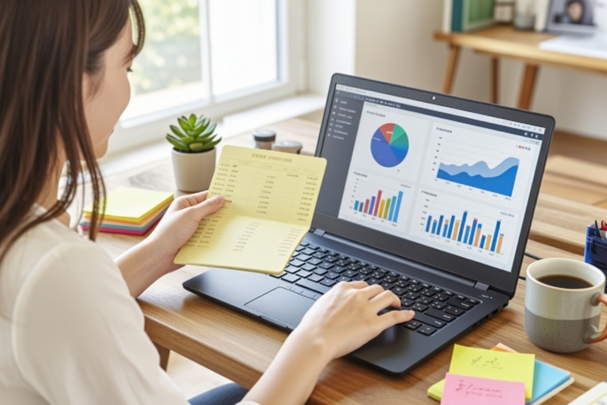 パソコンで入金チェックをする女性